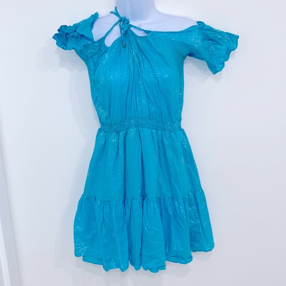 Preowned L Michael Kors Foil Print Cold Shoulder Turquoise dress size L - Picture 2 of 7